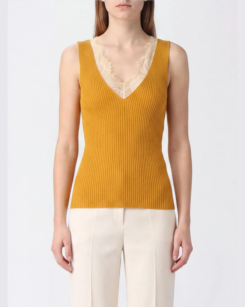 Pinko Geripptes Stricktop aus Woll-Kaschmir-Mischung mit Spitzeneinsätzen Gold