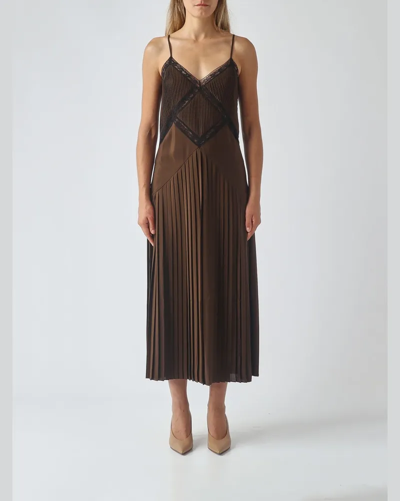 Twin-Set Plissiertes Satin-Midi-Slipkleid mit Spitzeneinsätzen Braun
