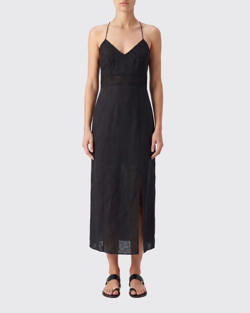 Twin-Set Midikleid aus Leinen und Lochstickerei mit Neckholder Schwarz