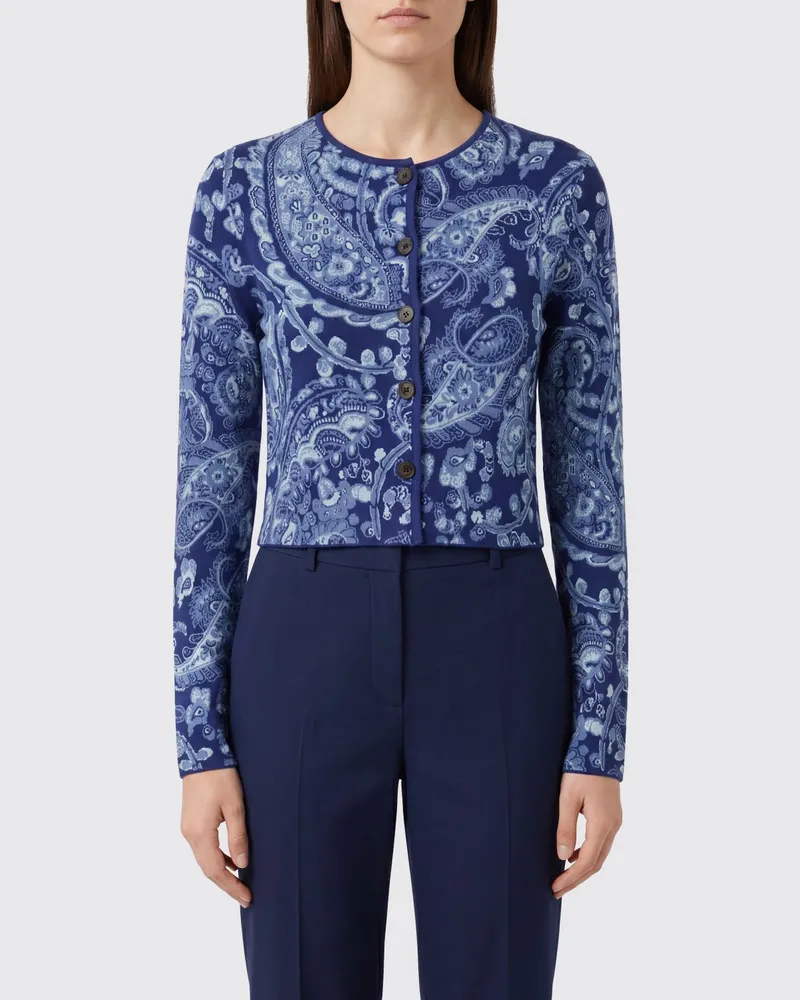 Etro Schmal geschnittener Cardigan aus Viskose mit Paisley-Print und Rundhalsausschnitt Blau