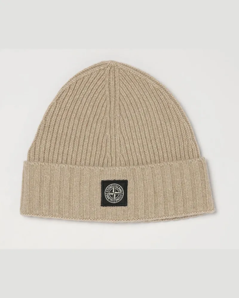 Stone Island Gerippte Beanie-Mütze aus Schurwolle für Jungen mit Kompass-Logo Beige