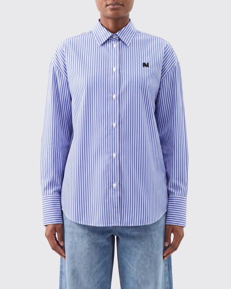 MSGM Locker geschnittenes gestreiftes Baumwollpopeline-Hemd mit gesticktem Logo Blau