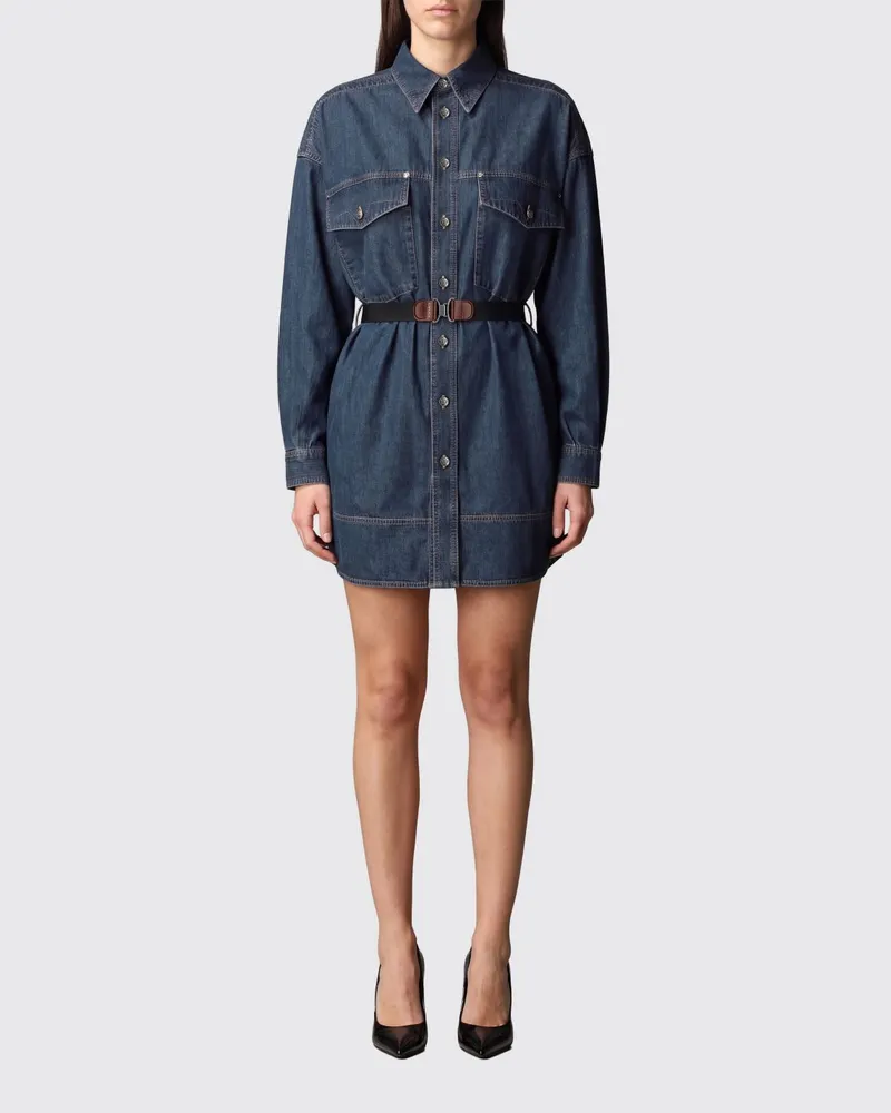 Versace Mini-Hemdblusenkleid aus Baumwolldenim von mit Taillengürtel Blau