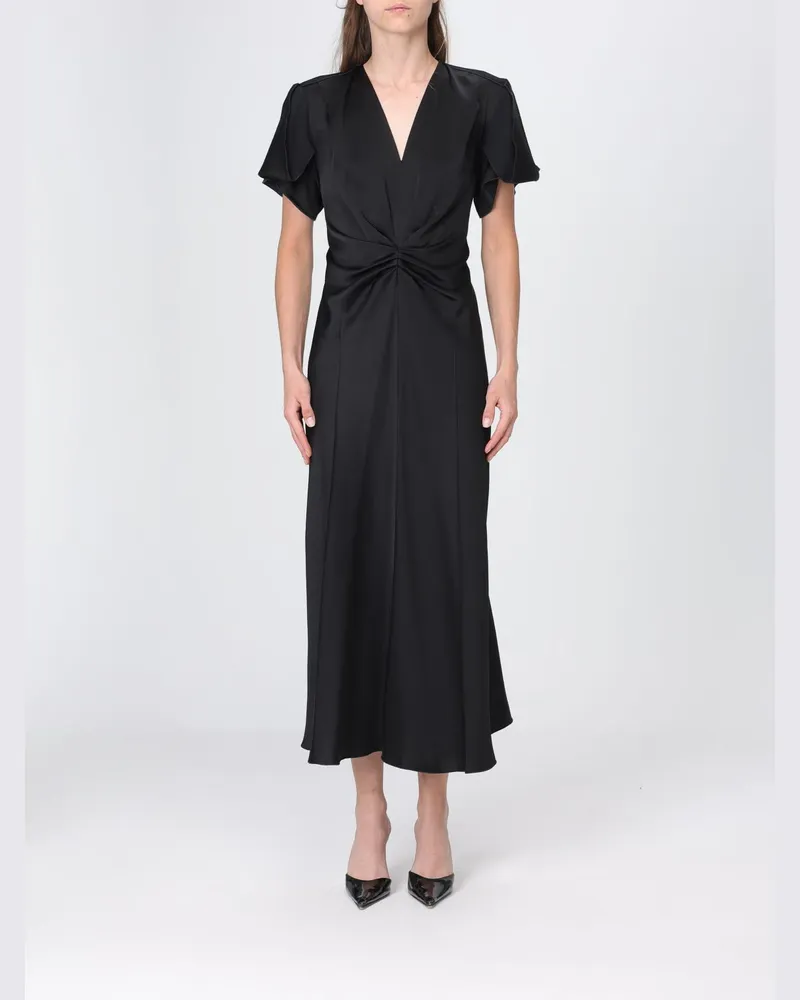 Victoria Beckham Eve Etuikleid aus Satin in Midilänge mit V-Ausschnitt Schwarz