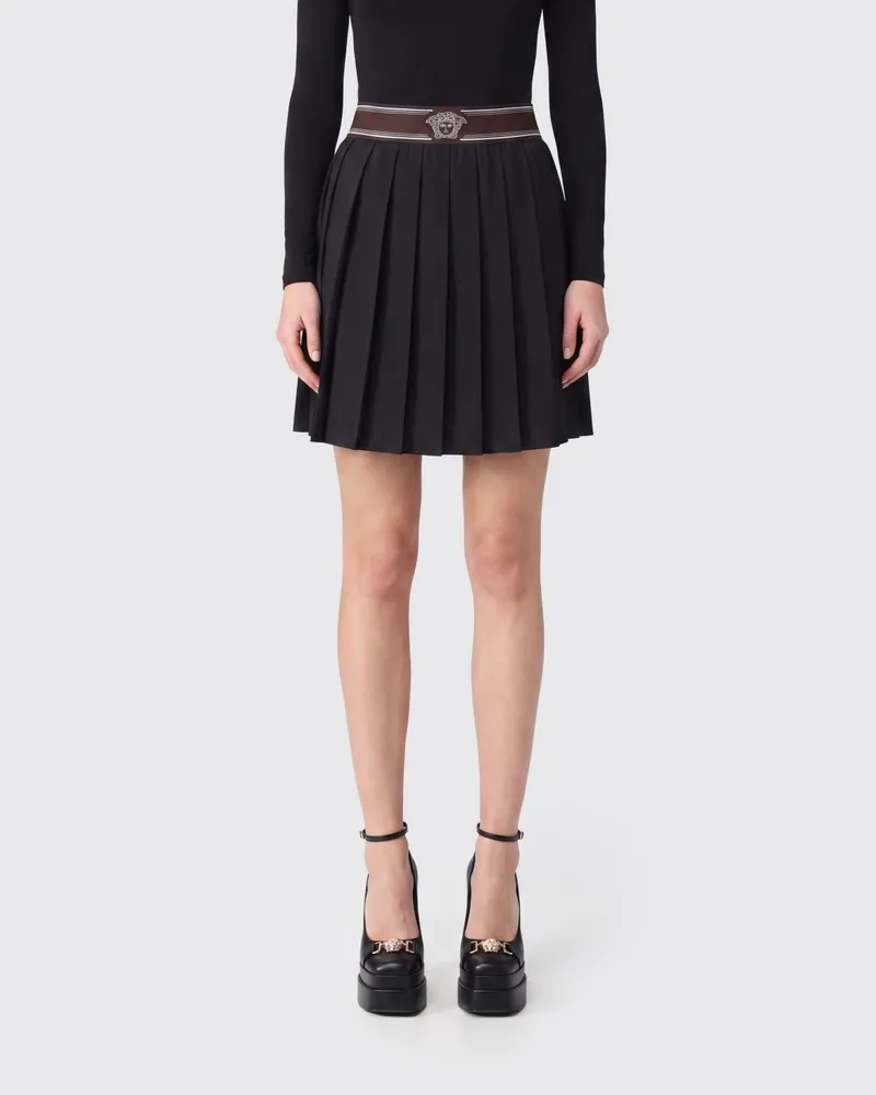 Versace Plissierter Minirock aus Wolle und Mohair mit hohem Logo-Bund Schwarz
