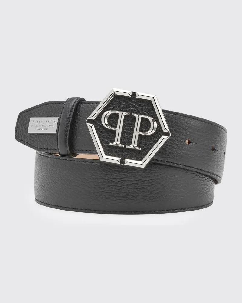 Philipp Plein Verstellbarer Gürtel aus genarbtem Leder mit Hexagon-Monogramm-Schnalle von Schwarz