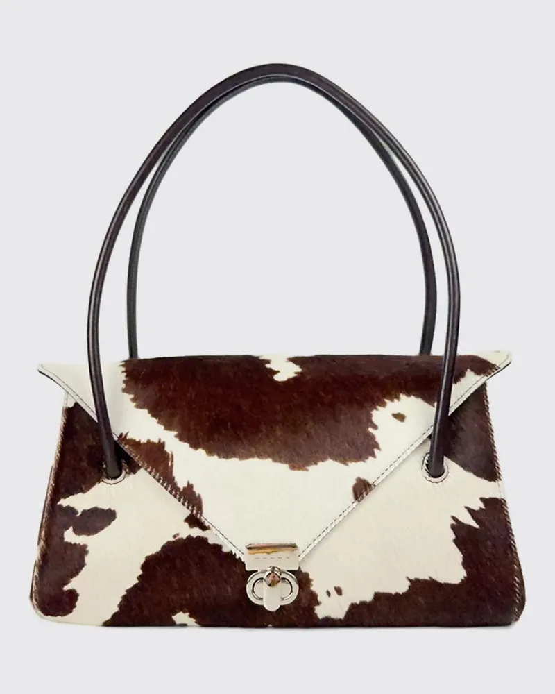 Marni Ponyfell-Schultertasche mit abstraktem Muster und Doppelgriff Braun