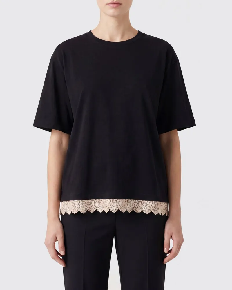 Liviana Conti Baumwoll-T-Shirt mit Spitzeneinsätzen am Saum Schwarz