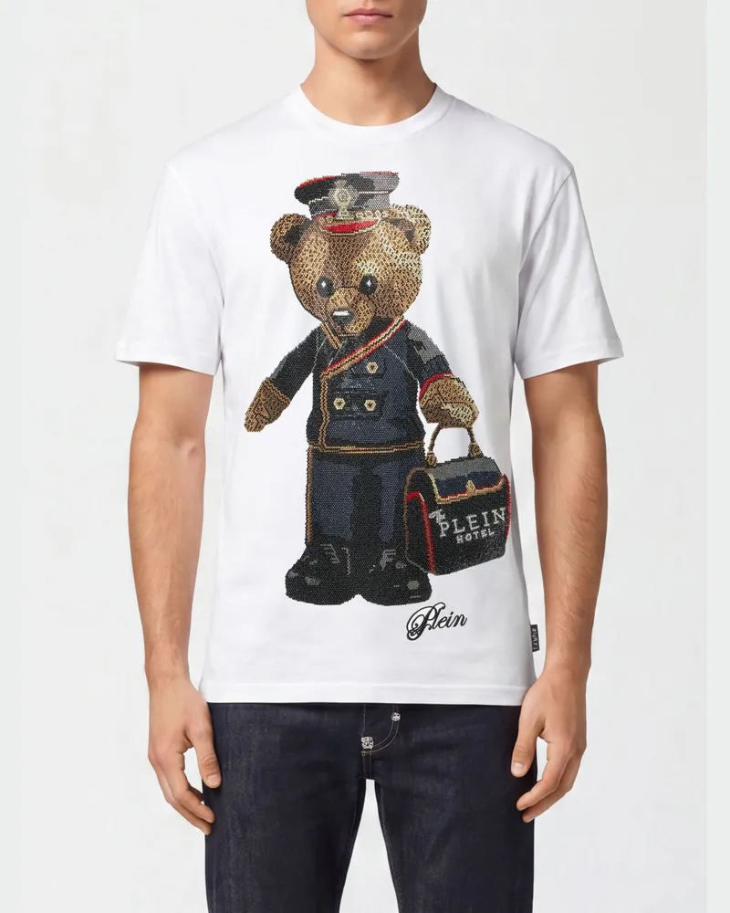 Philipp Plein Baumwoll-T-Shirt mit Teddybär-Print und Strass-Logo Weiß