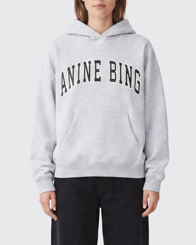 Anine Bing Kapuzenpullover aus Baumwolle mit Logo und Kängurutasche Grau
