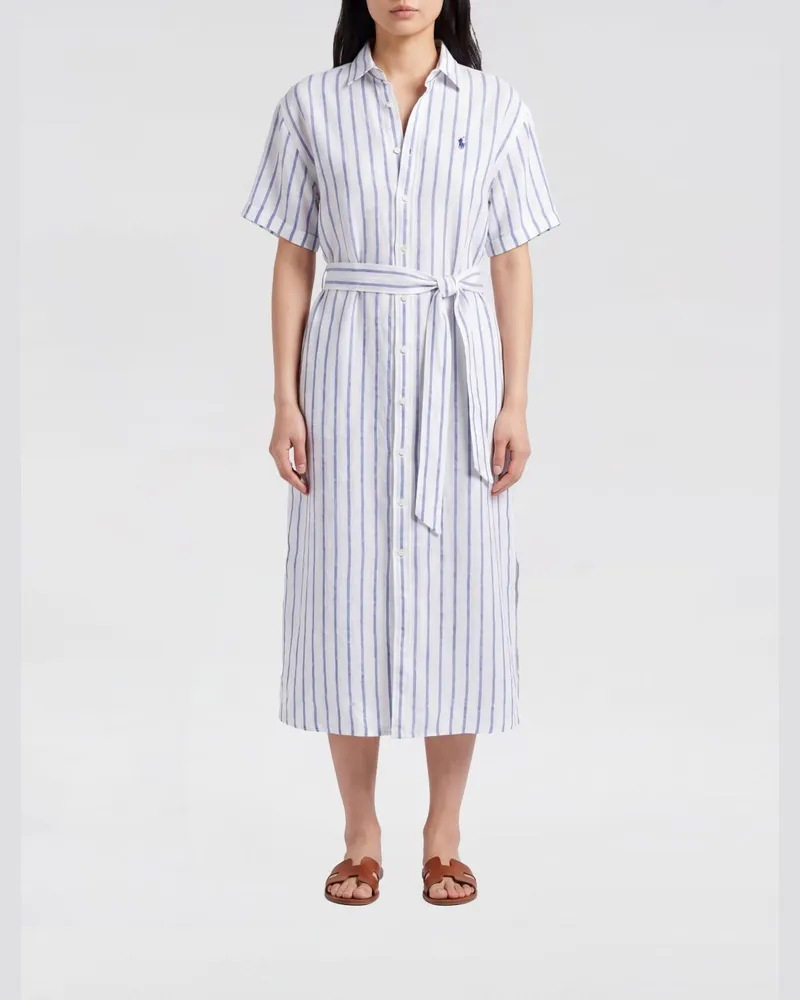 Ralph Lauren Gestreiftes Leinen-Midikleid im Hemdblusenstil mit Bindegürtel und gesticktem Logo Weiss