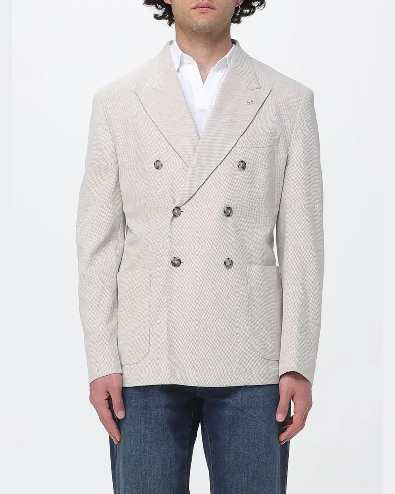 Manuel Ritz Zweireihiger Baumwoll-Blazer mit fallendem Revers und aufgesetzten Taschen Beige