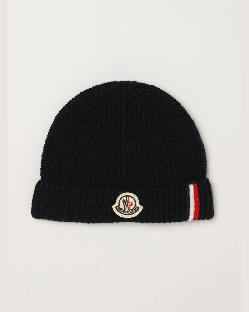 Moncler Mütze für Jungen aus reiner Schurwolle mit aufgesetztem Logo Blau