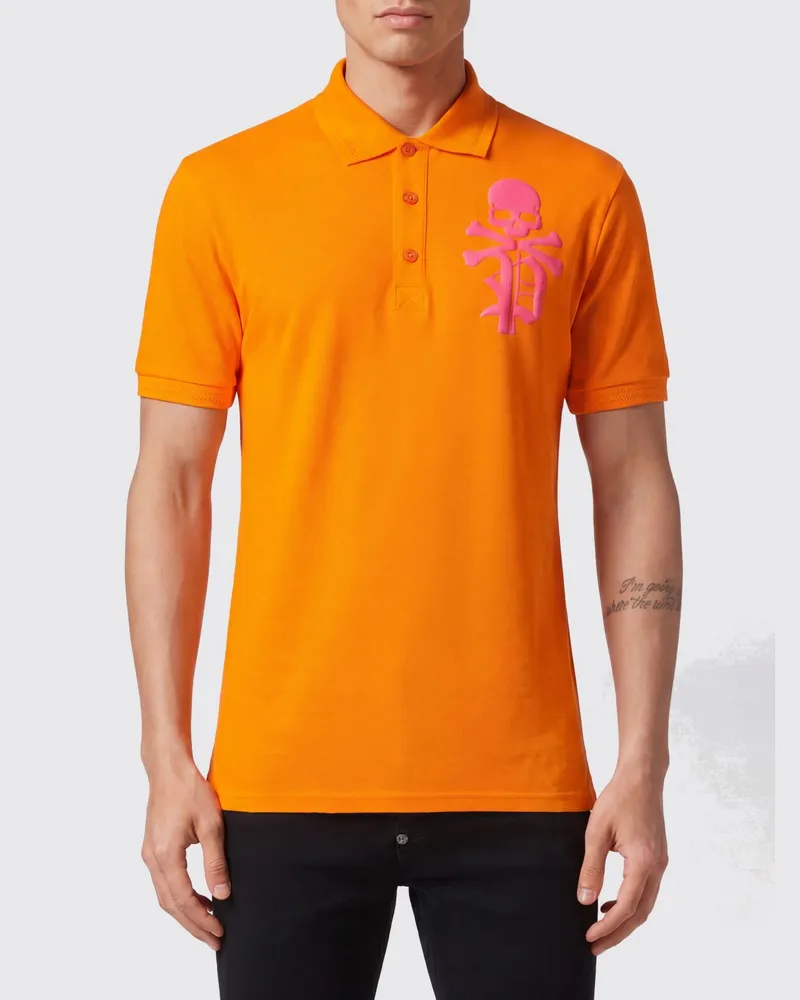 Philipp Plein Kurzärmeliges Baumwoll-Poloshirt mit Totenkopf-Print und Logo Orange