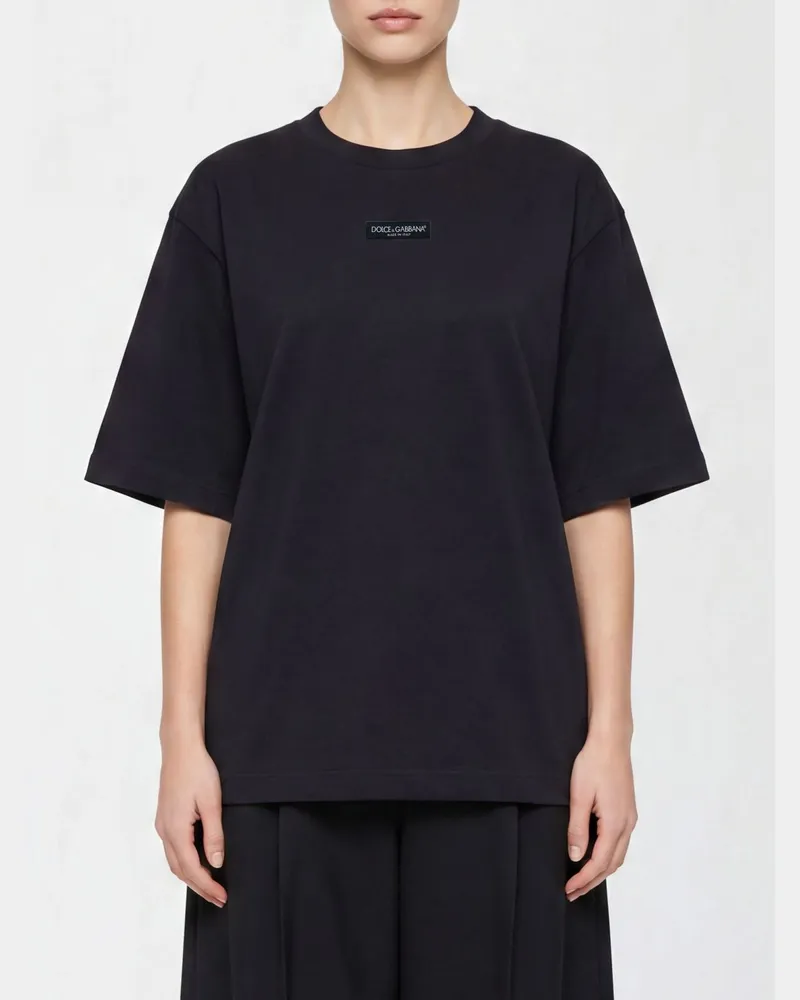 Dolce & Gabbana DOLCE  GABBANA Dolce & Gabbana Baumwoll-T-Shirt mit Rundhalsausschnitt, Kontrastlogo und überschnittenen Schultern Schwarz