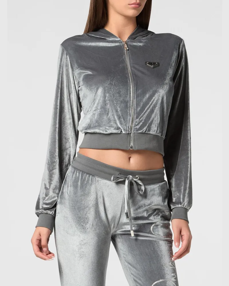 Philipp Plein Kurzer Samt-Hoodie mit Reißverschluss mit Strass-Logo Grau