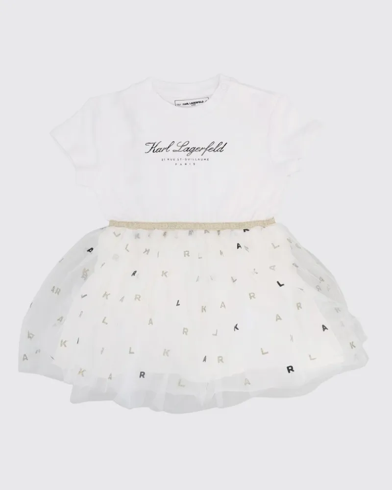 Karl Lagerfeld Kurzes Kleid für Mädchen aus Baumwolle und Tüll mit Kontrastlogo Weiß