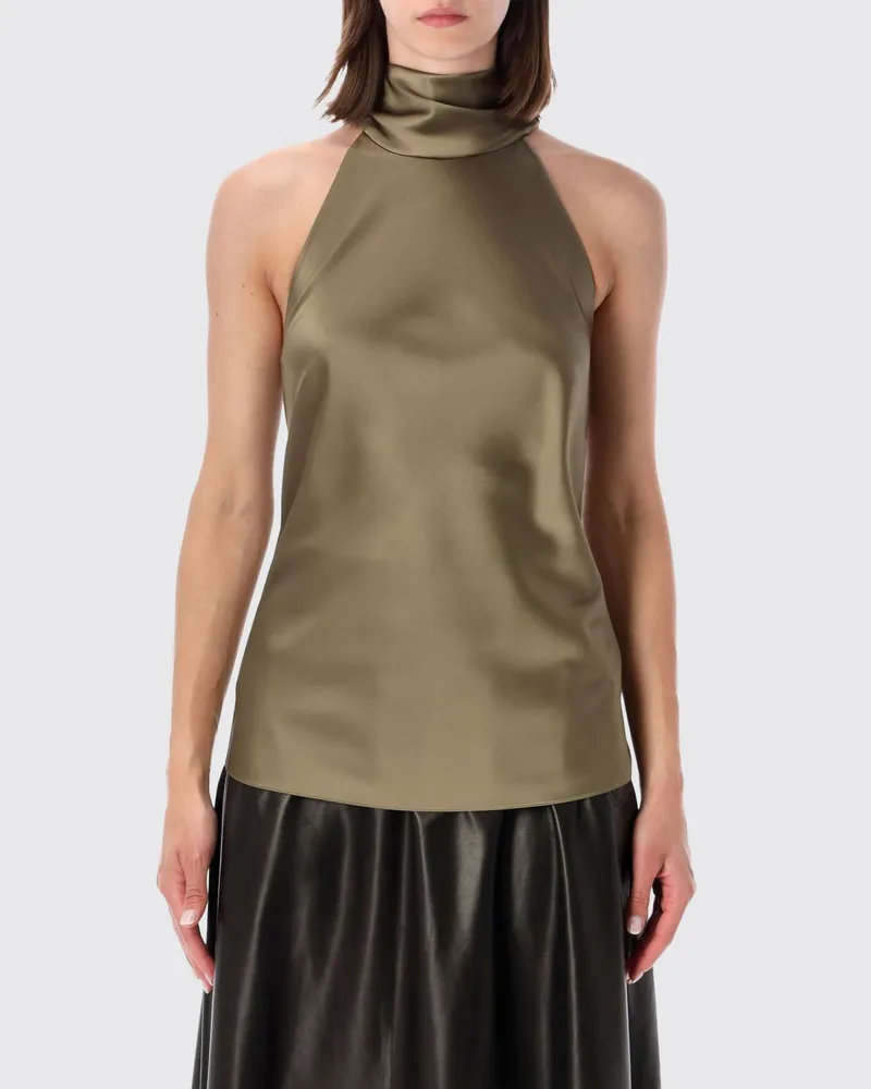 Ralph Lauren Schulterfreies Slim Fit Top aus Satin mit Schalkragen Beige