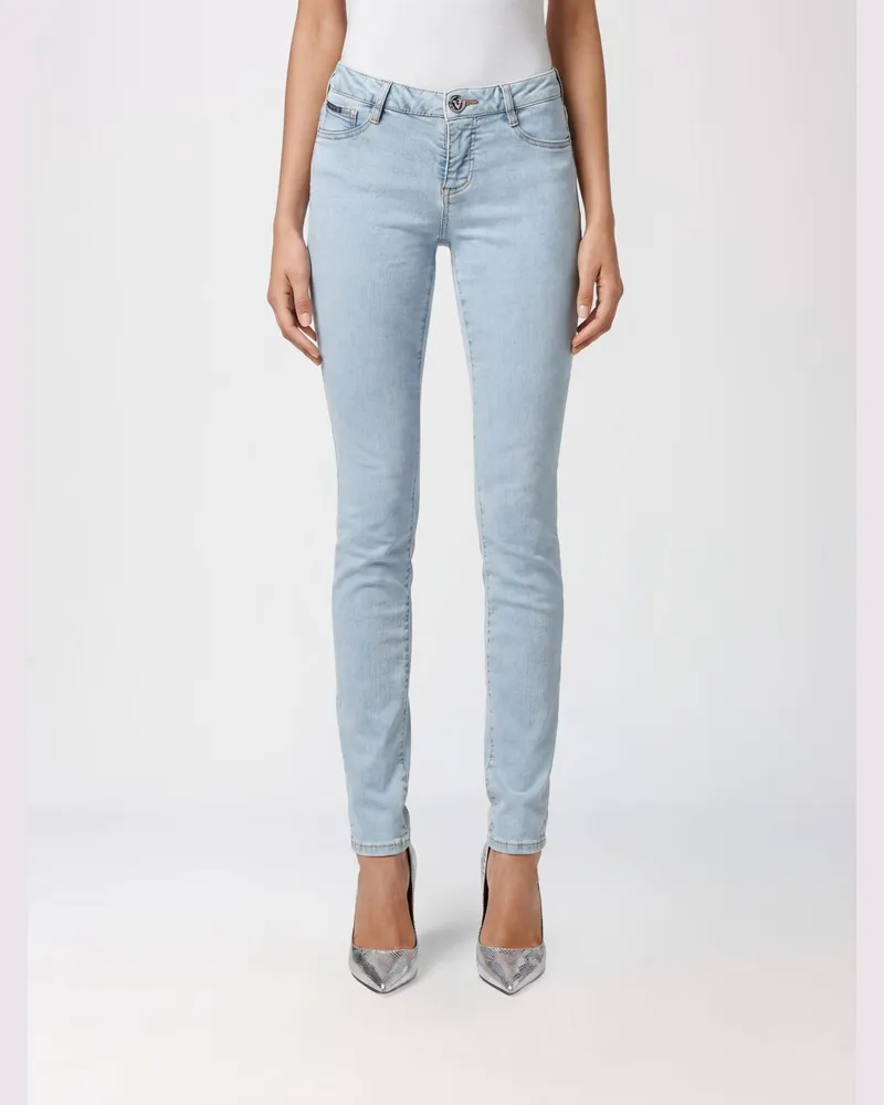 Philipp Plein Cropped Skinny-Jeans aus Stretch-Denim mit Hexagon-Logo Hellblau