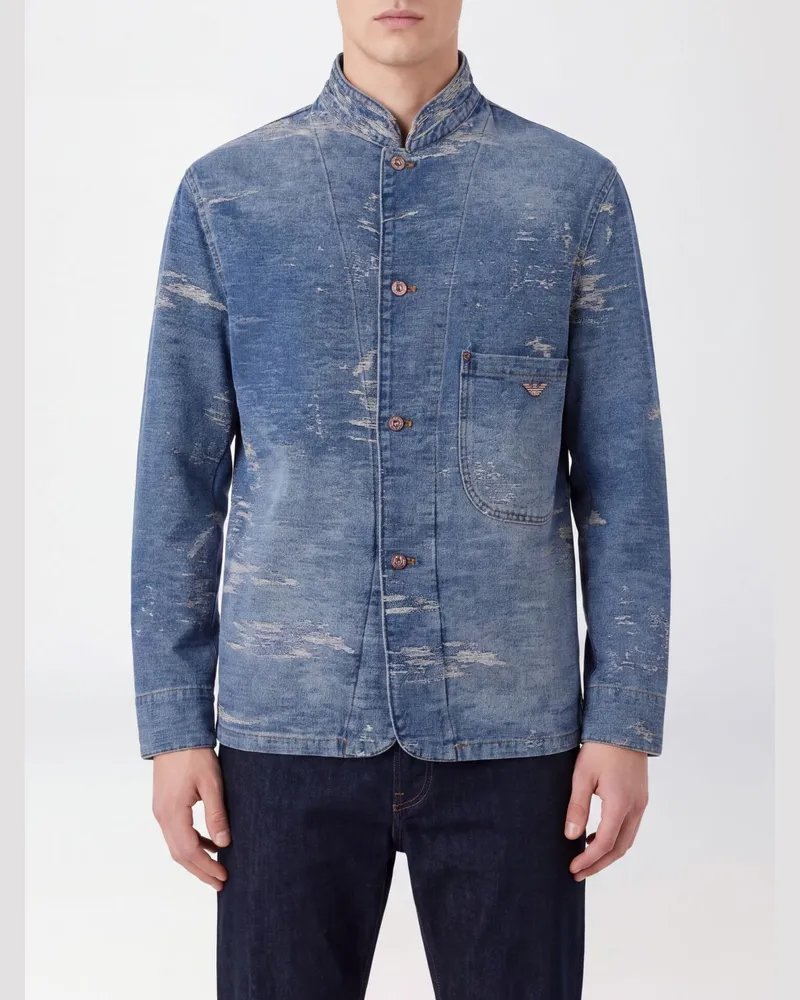 Emporio Armani Kurze Distressed-Jeansjacke mit Stehkragen Blau