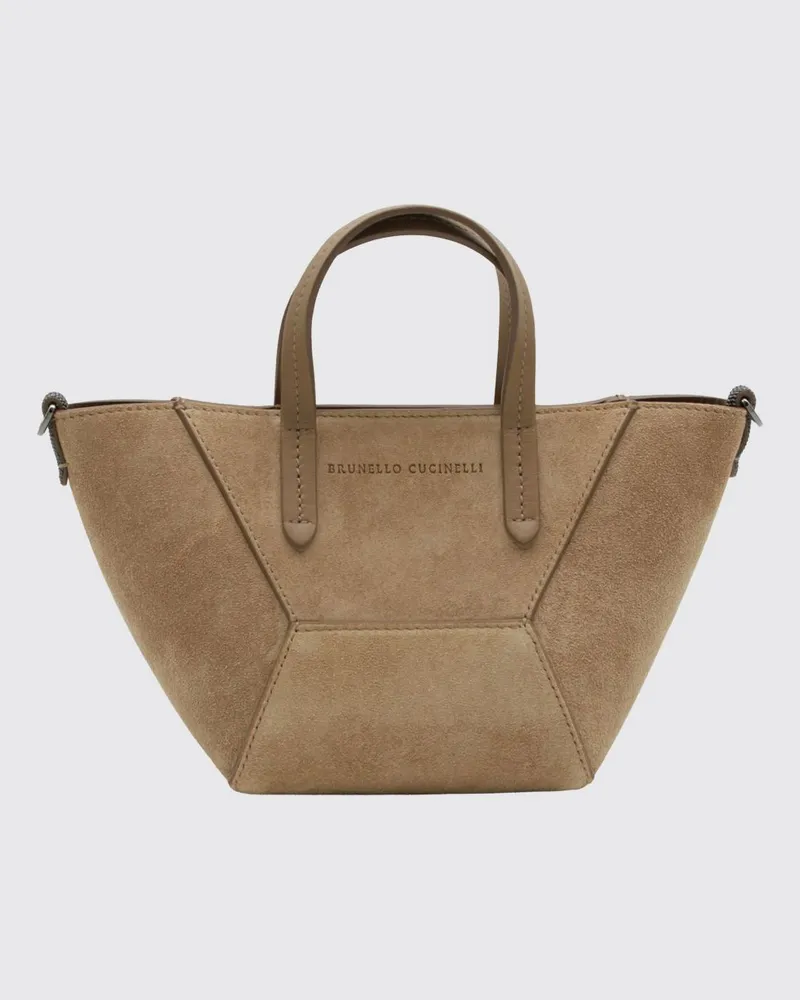 Brunello Cucinelli Kleine Handtasche aus Veloursleder mit Monili-Verzierung Beige