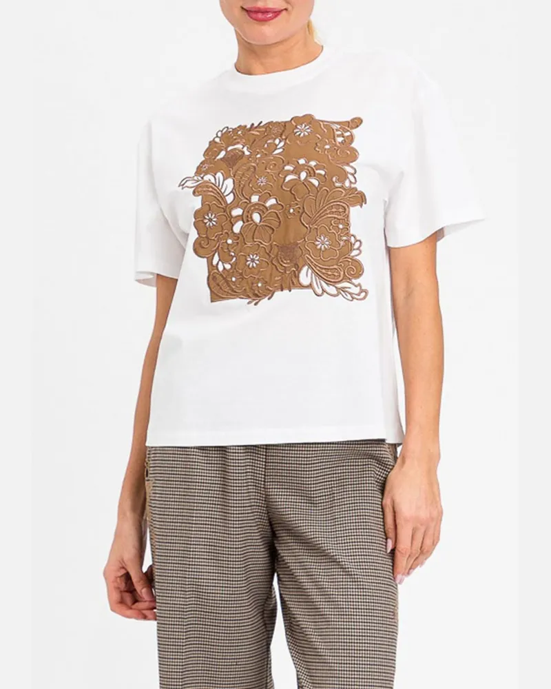 Twin-Set T-Shirt von aus Baumwolle mit Blumenstickerei und Rundhalsausschnitt Weiß