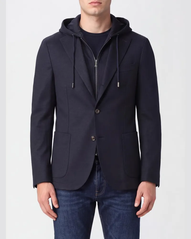 Eleventy Einreihiger Blazer von aus Wolle und Funktionsstoff mit Kapuzeneinsatz mit Reißverschluss Blau