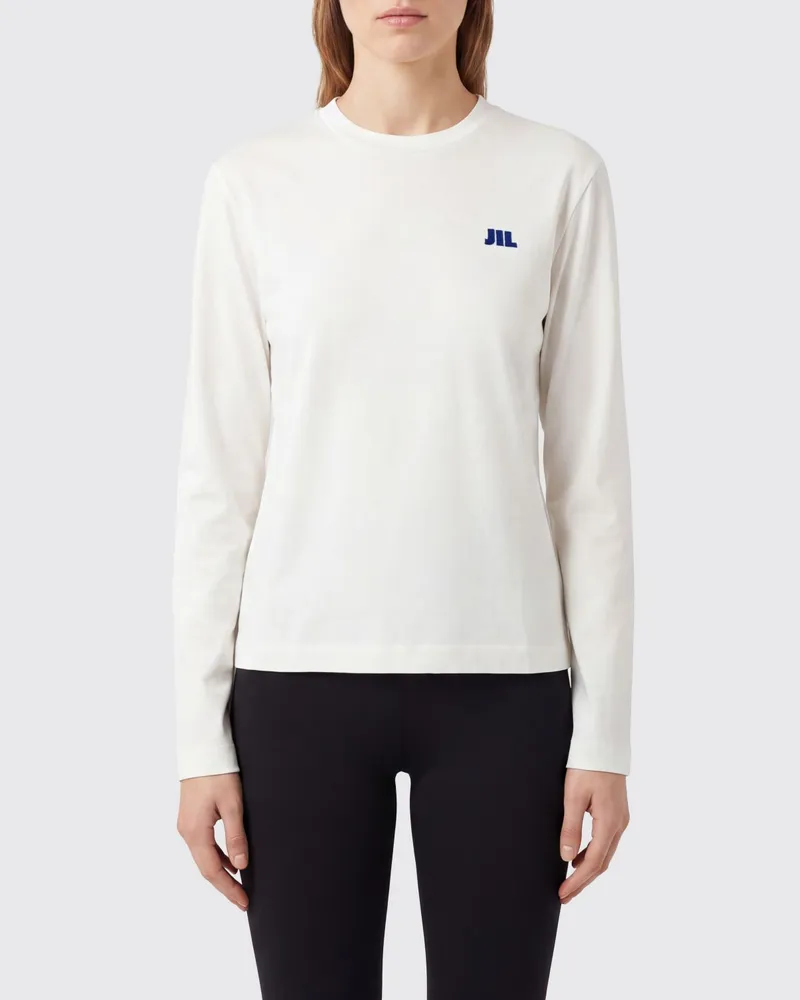 Jil Sander Langarm-T-Shirt aus Baumwolle mit Kontrastlogo Weiß