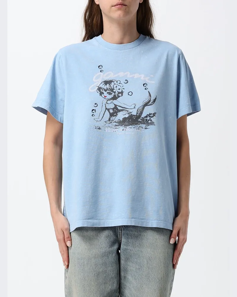 Ganni Kurzärmeliges Baumwoll-T-Shirt mit kontrastierendem Logo-Print Hellblau