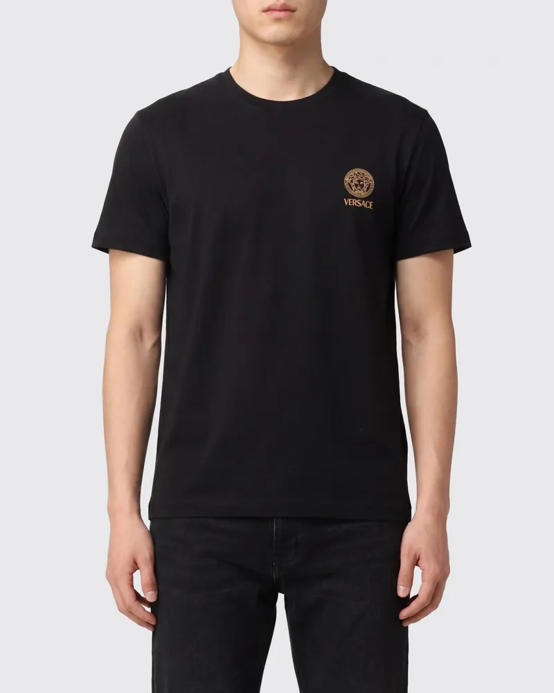 Versace Slim Fit Baumwoll-T-Shirt mit Medusa-Logo und kurzen Ärmeln Schwarz