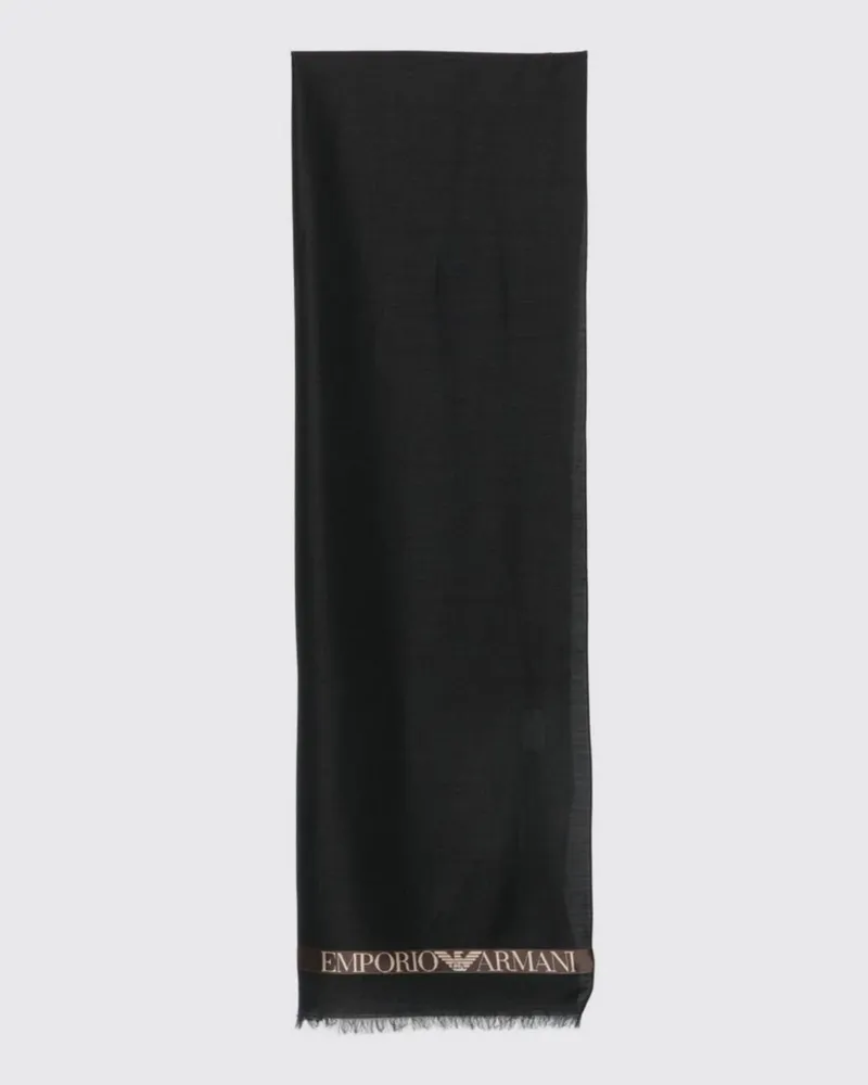 Emporio Armani Schal aus Schurwolle mit Kontrastlogo und Fransen Schwarz