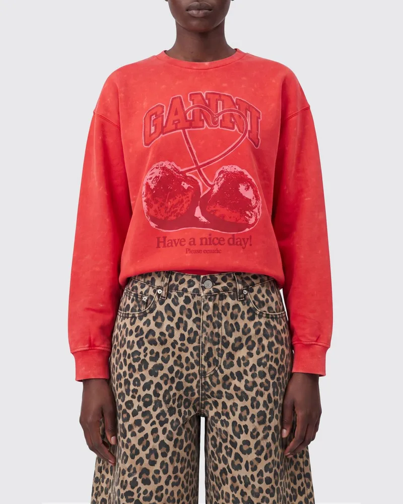 Ganni Rundhals-Sweatshirt aus Baumwolle mit Front-Logo und Fruchtdruck Rot