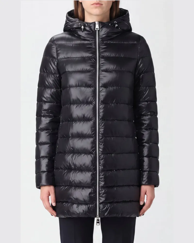 Herno Langer Daunenmantel aus gestepptem Nylon mit Kapuze und Daunenfüllung Schwarz
