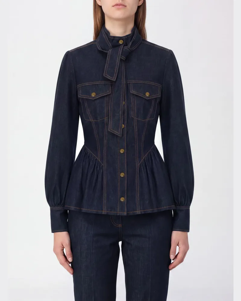 Zimmermann Slim-Fit Bluse aus Baumwolldenim mit Schluppenkragen Blau