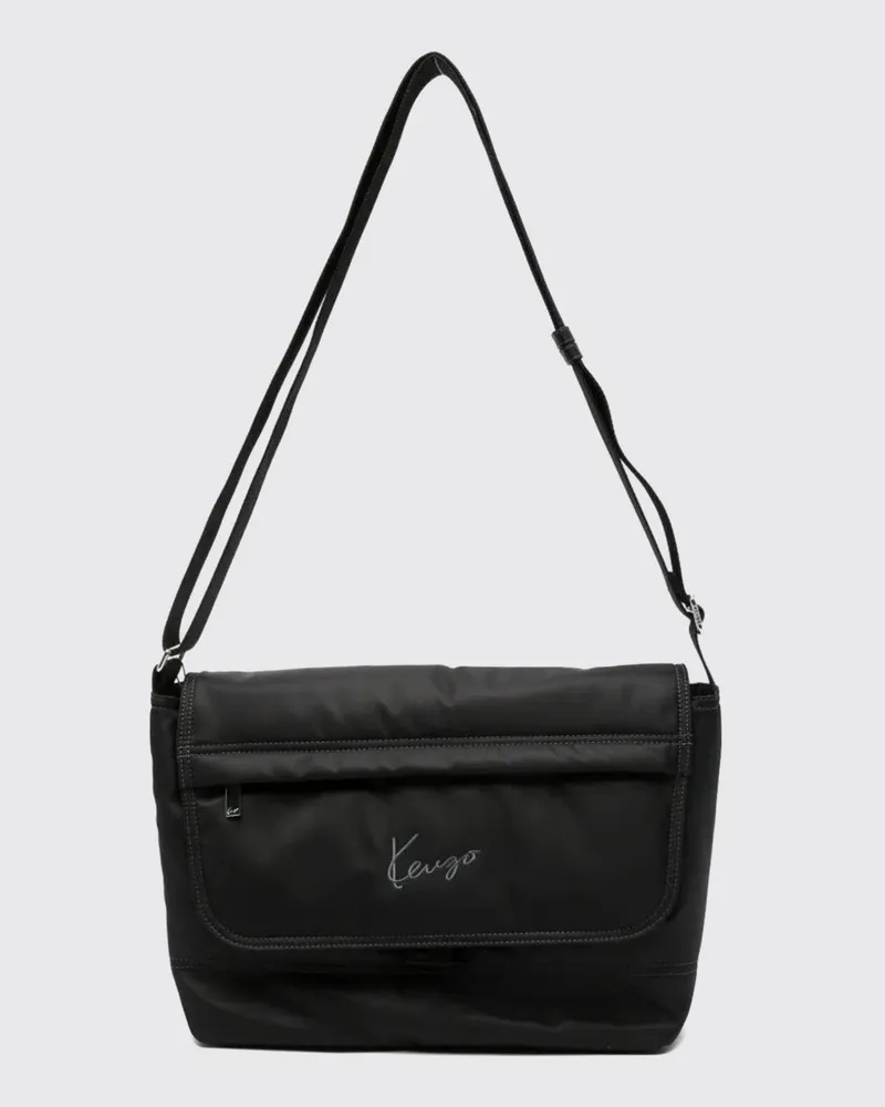Kenzo Signature Nylon-Umhängetasche mit gesticktem Logo und Klappverschluss Schwarz