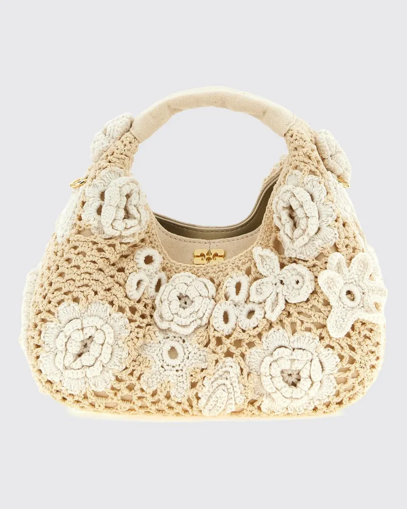 Ganni Gehäkelte Handtasche aus Bio-Baumwolle mit Blumenstickerei und Butterfly-Logo Weiß