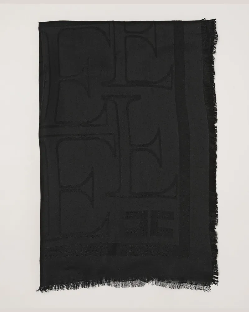 Elisabetta Franchi Schal aus Modal und Viskose mit Jacquard-Logo und Fransen Schwarz