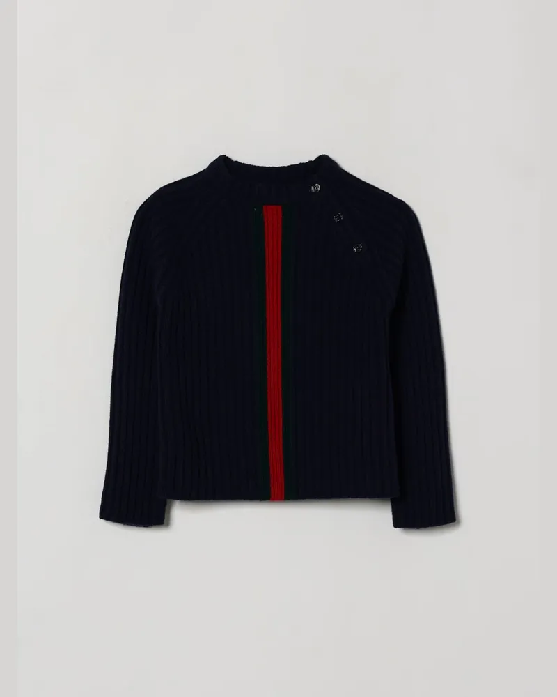 Gucci Jungen-Rundhalspullover aus gestreifter Wolle mit Web-Detail und Schulterknöpfen Blau