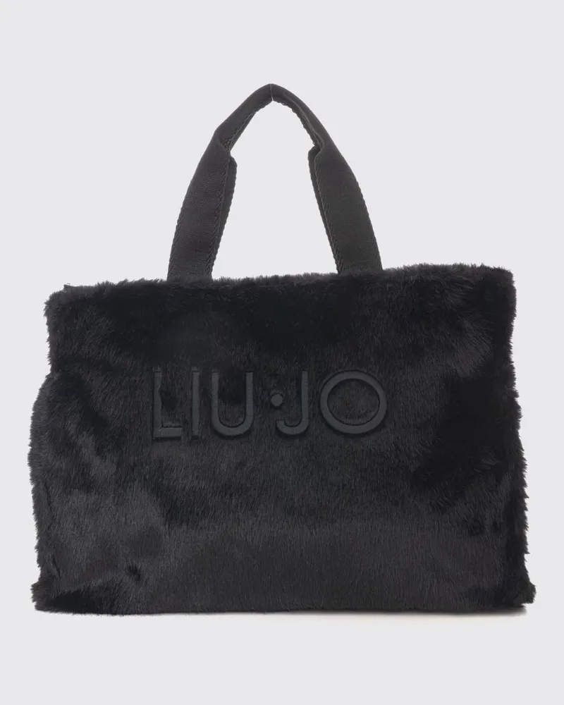 Liu Jo Große Tote-Bag aus Kunstpelz mit doppeltem Henkel und gesticktem Logo Schwarz