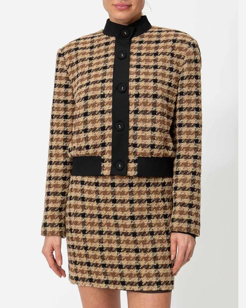 Twin-Set Bomberjacke aus Hahnentritt-Tweed mit hohem Kragen und elastischem Saum Braun