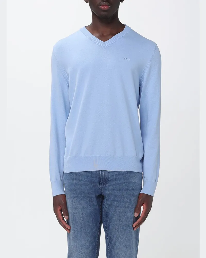 HUGO BOSS V-Ausschnitt-Pullover aus Baumwolle mit langen Ärmeln und Rippbündchen Hellblau