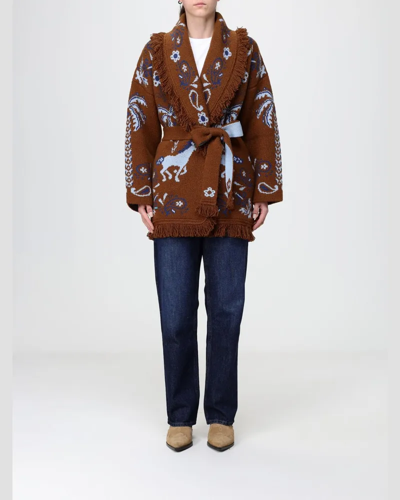 Alanui Jacquard-Cardigan aus Woll-Kaschmir-Mischung mit Fransenbesatz und Gürtel Braun
