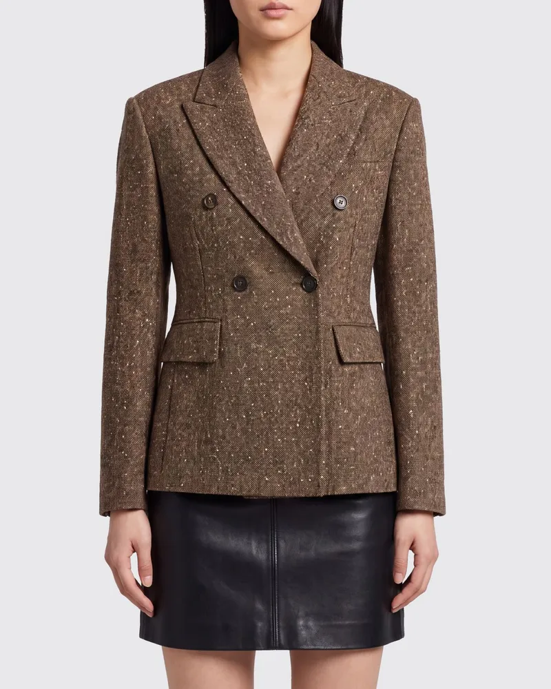 Brunello Cucinelli Zweireihiger Blazer aus Wollmischung mit Reverskragen und Pattentaschen Braun