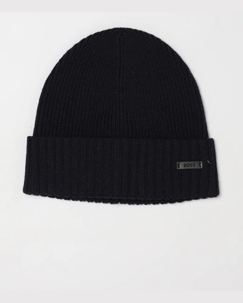 HUGO BOSS Beanie-Mütze aus reiner Rippenwolle mit Umschlag und Metall-Logo Blau