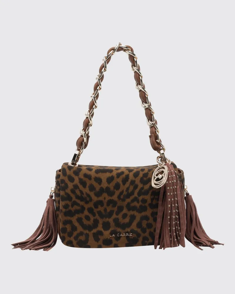 LA CARRIE Mini-Schultertasche aus Veloursleder mit Animal-Print und Charms Braun