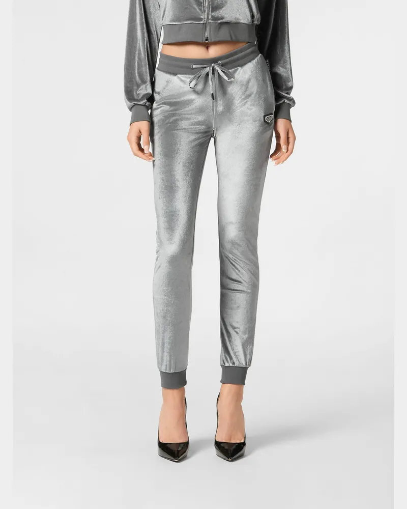 Philipp Plein Slim-Fit Jogginghose aus Chenille-Samt mit Kordelzugbund Grau