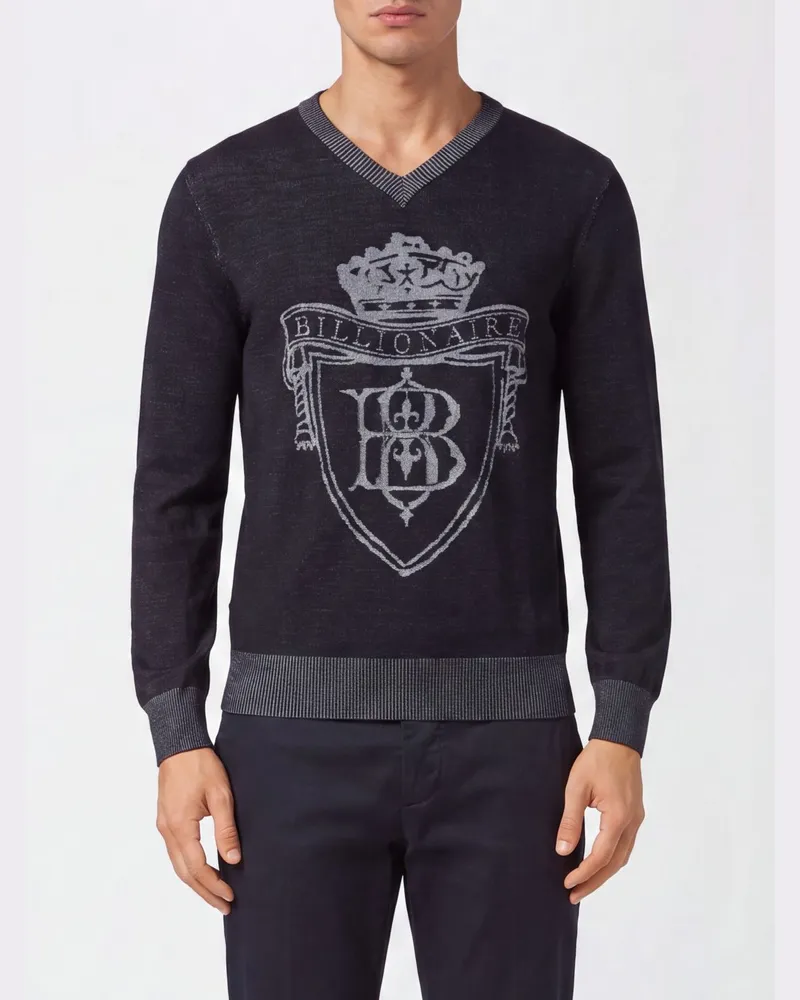 Billionaire V-Ausschnitt-Pullover von aus Wolle und Seide mit Jacquard-Wappen Blau