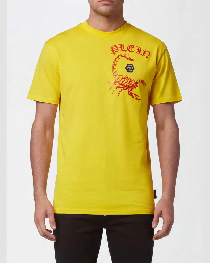 Philipp Plein Einfarbiges Baumwoll-T-Shirt mit kontrastierendem Logo Gelb