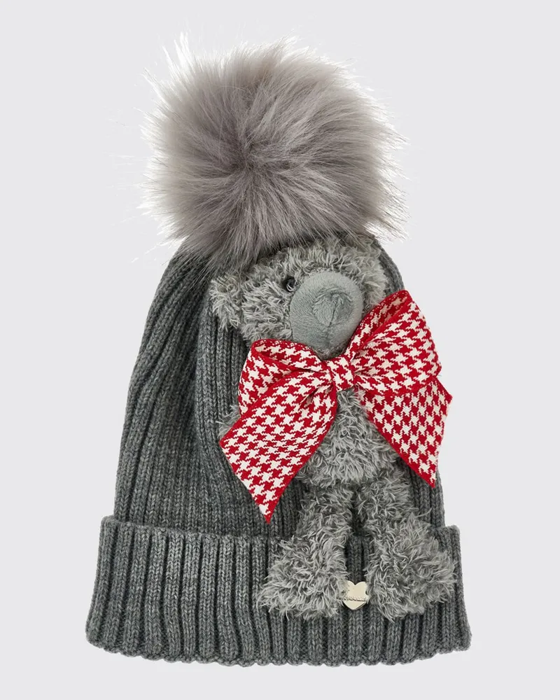 Monnalisa Mütze aus Wollmischung für Mädchen von mit Teddy-Bear-Print und Pompon Grau