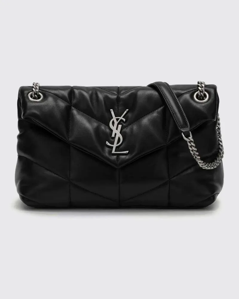 Saint Laurent Kleine Puffer Schultertasche aus Matelassé-Leder mit YSL-Logo Schwarz